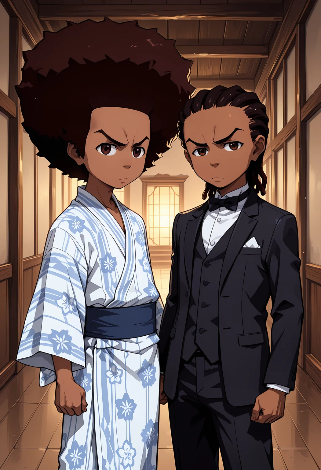masterpiece, best quality, amazing quality, 2boys, side by side, abstract background <lora:cfg_scale_boost:.6>   <lora:Freeman_Boys_-_The_Boondocks_-_ILXL:1> ADDBASE
male, hueyf, dark skin, brown eyes, afro hair, yukata, japanese clothing, ADDCOL
male, rileyf, dark skin, brown eyes, dreadlocks, black hair, formal, black tuxedo, bowtie