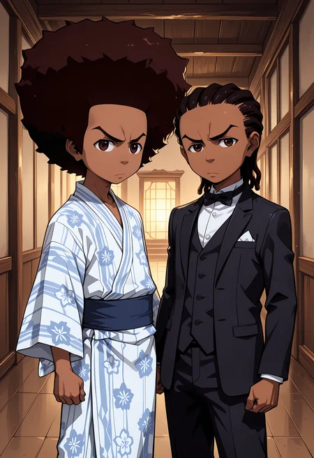 masterpiece, best quality, amazing quality, 2boys, side by side, abstract background <lora:cfg_scale_boost:.6> <lora:Freeman_Boys_-_The_Boondocks_-_ILXL:1> ADDBASE
male, hueyf, dark skin, brown eyes, afro hair, yukata, japanese clothing, ADDCOL
male, rileyf, dark skin, brown eyes, dreadlocks, black hair, formal, black tuxedo, bowtie