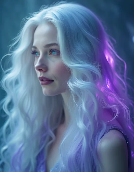 A dreamy profile of a woman with long, flowing silver hair, her pale face illuminated by a soft, ethereal light, her violet eyes distant and reflective, her lips curved into a faint, mysterious smile. <lora:usual-portrait-v2:1>