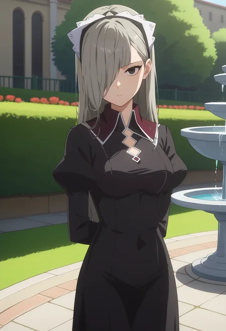 score_9, score_8_up, score_7_up, anime screencap, source_anime, 1girl, solo,
<lora:Horn_Danmachi_V1:.85>, KJOhorn, black eyes, grey hair, long hair, hair over one eye, 
black gown, collared shirt, puffy sleeves, long sleeves, white headband, 
arms behind back,  expressionless, looking at viewer, dutch angle, 
outdoors, courtyard, fountain, 
(Beautiful, medium Breasts:1.2),