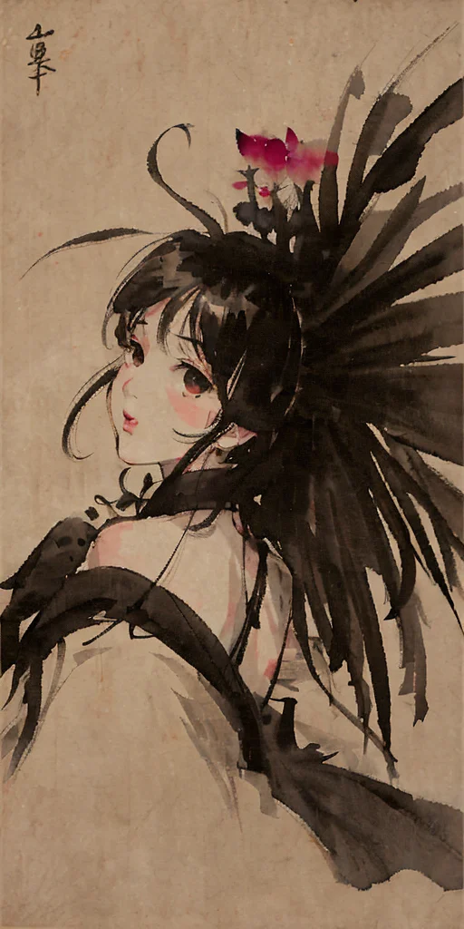 shukezouma, negative space, shuimobysim, girl, woman,bare shoulders, (ecchi0.5), lips, water splash, (trees:0.5), (flowers:0.6) ,(birds:0.2), (bamboo0.1), lakes, Hangzhou, bonian, bonian in background <lora:shuimobysimV3:0.8> <lora:shu:1>