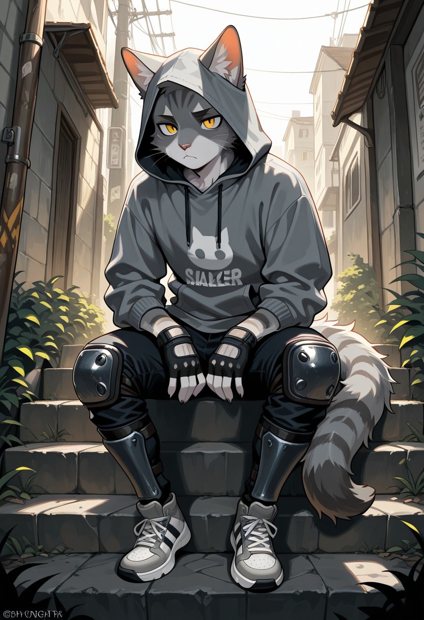 masterpiece,best quality, amazing quality,1boy, solo, Gray cat, Furry gray cat, fluffy tail, 5 fingers, Cat eyes, sneakers, black jeans, hoodie, hood, fingerless gloves, knee pads and shin guards, stalker style.