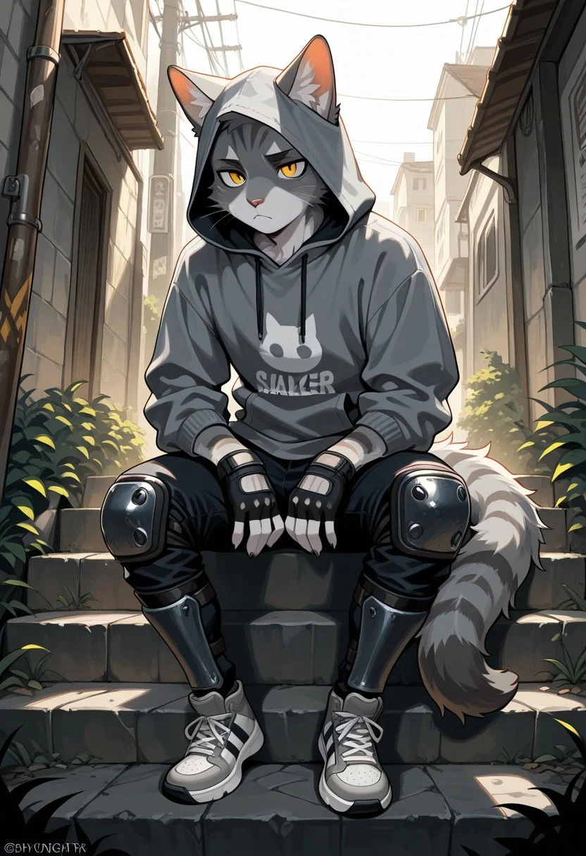 masterpiece,best quality, amazing quality,1boy, solo, Gray cat, Furry gray cat, fluffy tail, 5 fingers, Cat eyes, sneakers, black jeans, hoodie, hood, fingerless gloves, knee pads and shin guards, stalker style.