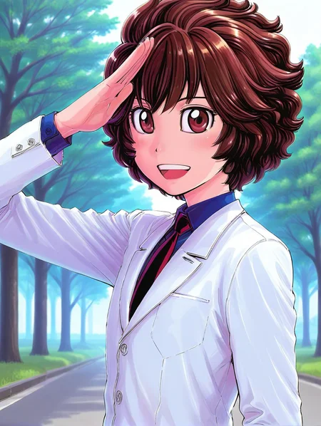 1girl,shiny skin ,<lora:marnie_ill_v1:1> toshimarnie, short hair, messy hair, brown hair, brown eyes,white jacket, shirt, necktie,flat chest,BREAK
looking at viewer,smile,salute,BREAK
masterpiece,best quality,amazing quality,from side,open mouth,manga,outdoor,tree,sunlight,(emblem:-1.0),