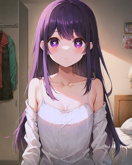 <lora:3_Style_Art_Ayamy:0.7>, <lora:AiHoshino_XL:0.8> ai hoshino, long hair, bangs, purple eyes, purple hair, symbol-shaped pupils, long sleeves, sweater, ribbed sweater, camisole, white camisole,, <lora:9_Detail_Tweaker_XL:0.8>, score_9, score_8_up, score_7_up, source_anime, masterpiece, best quality, highly detailed background, cinematic lighting, detailed eyes, perfect face,, lazy, teenager room, messy, bedroom, bed sheet, closet,