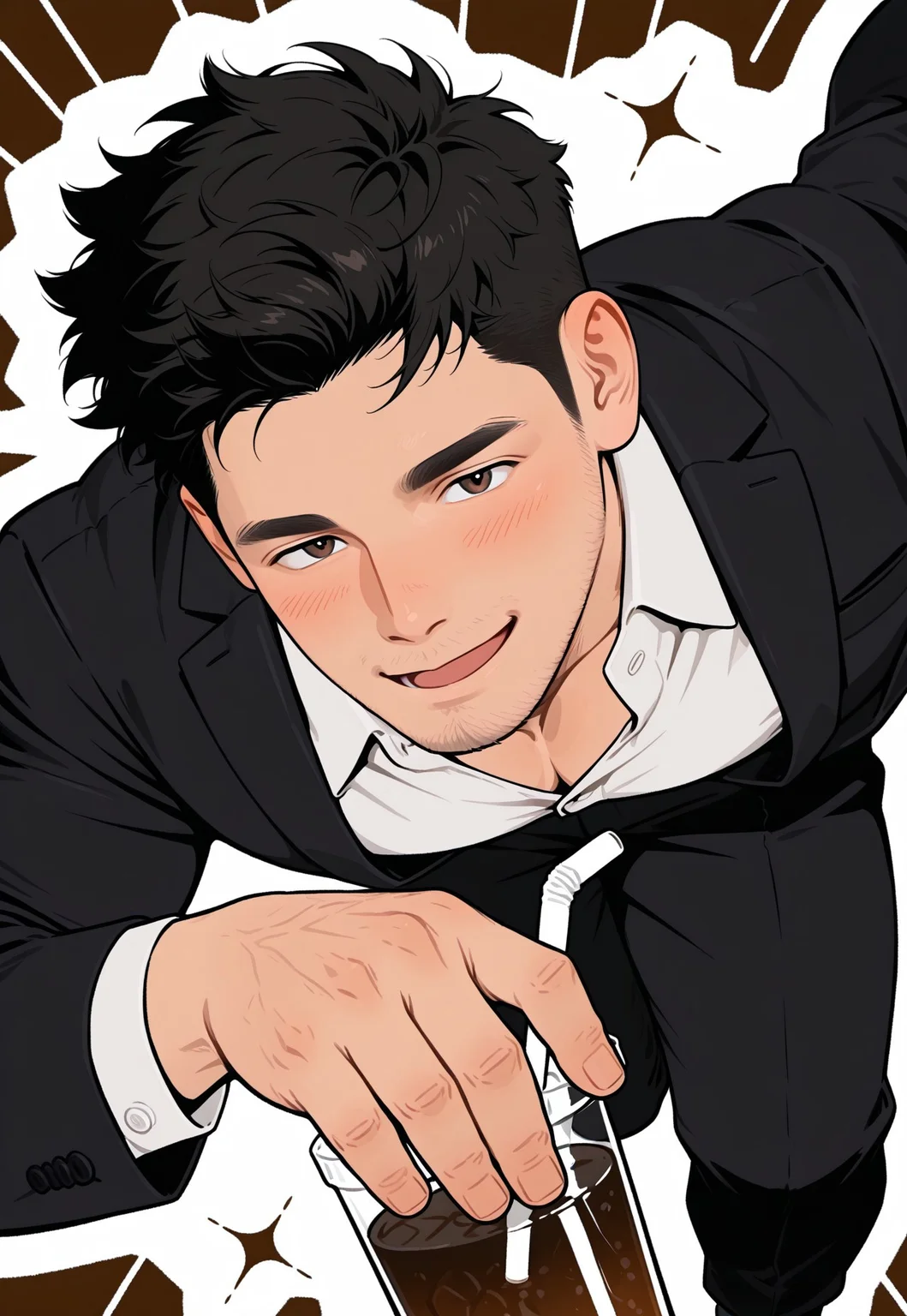 hu99y, flat color, 1boy, stubble, flying, black_suit, white_shirt, open collar, black_socks, black_hair
,(sharpie background:1.5), colorful_background,
, blush, mature, (brown_eyes, windy, dynamic shot, (drink with straw:1.4)
,masterpiece, best quality, very aesthetic,absurdres,newest, highest detailed, windy, film grain, look at viewer, handfixer, muscular, open mouth, laugh