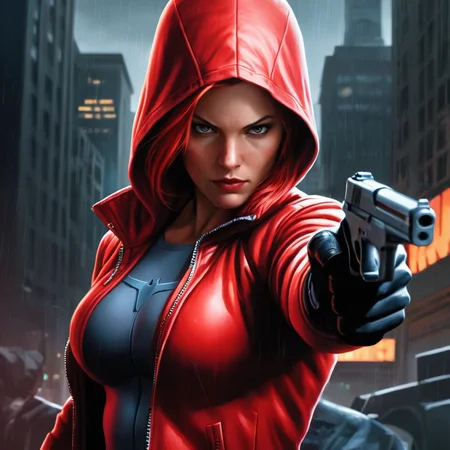 Hyperrealistic art of  <lora:Red Hood:1.2>
Red Hood a woman in a red hoodie holding a gun in Gotham city universe, Extremely high-resolution details, photographic, realism pushed to extreme, fine texture, incredibly lifelike
