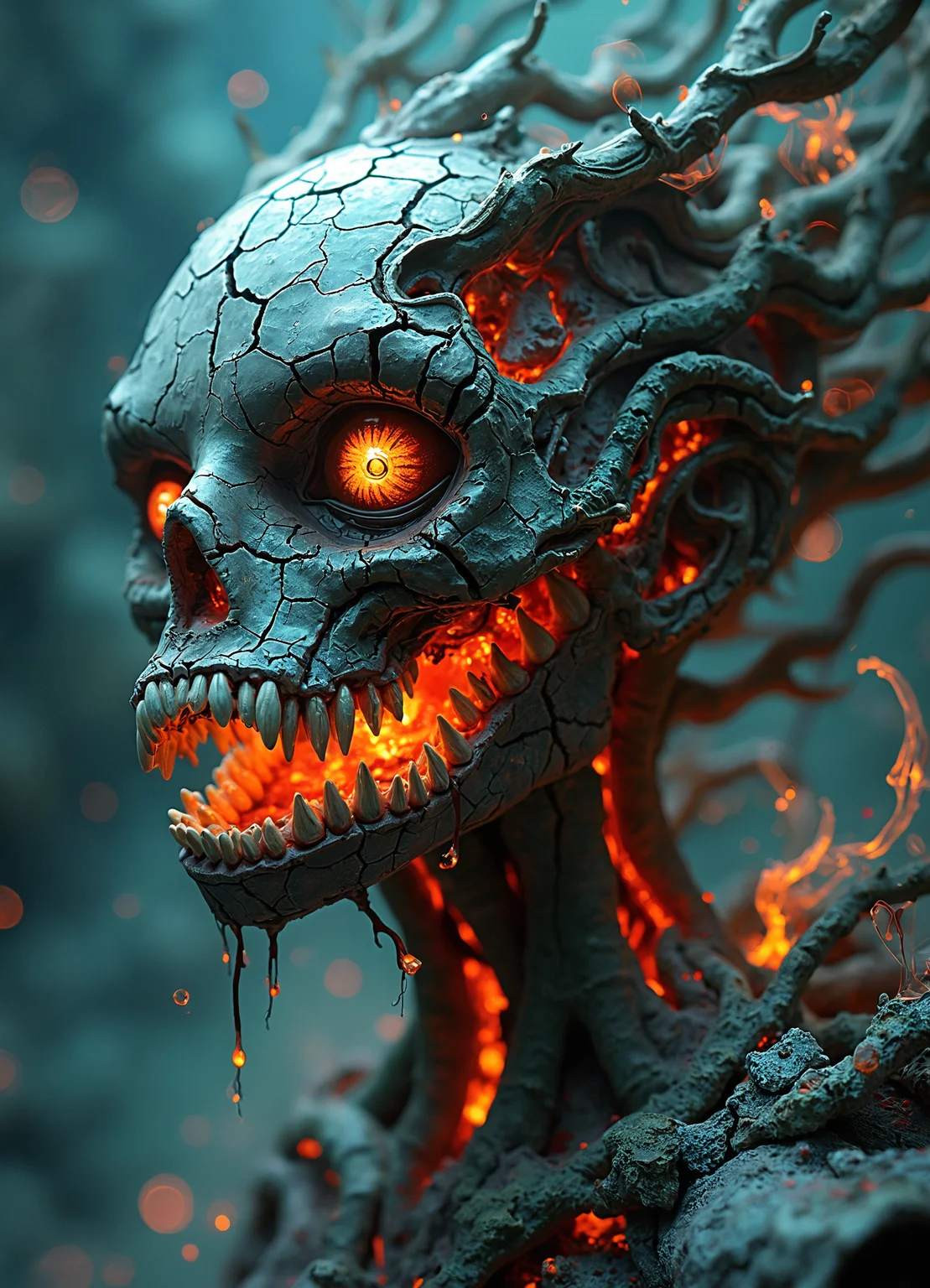 Hyper-realistic surrealist portrait of an otherworldly entity, seamlessly blending organic and inorganic elements. Cracked, ashen skin with a network of glowing, molten fissures pulsing beneath the surface. Eyes ablaze with inner fire, one a bloodshot orb with intricate veins, the other an empty socket illuminated from within. Twisted, gnarled branches emerge from the scalp, intertwining with strands of hair-like fiber optics. Elongated, shark-like maw filled with crystalline teeth, some broken and jagged. Textures shift between rough, volcanic rock and smooth, polished obsidian. Neck elongated and distorted, melding into a base of crumbling stone and ash. Ethereal wisps of bioluminescent smoke emanate from cracks in the skin. Contrasting color palette of cool cyans and teals with fiery oranges and reds. Hyper-detailed 8K resolution capturing every intricate crack, pore, and glowing ember. Dramatic chiaroscuro lighting emphasizing the interplay of shadow and inner light. Shallow depth of field focusing on the entity's haunting, otherworldly gaze. Background fades into an abstract swirl of cosmic dust and nebulae.