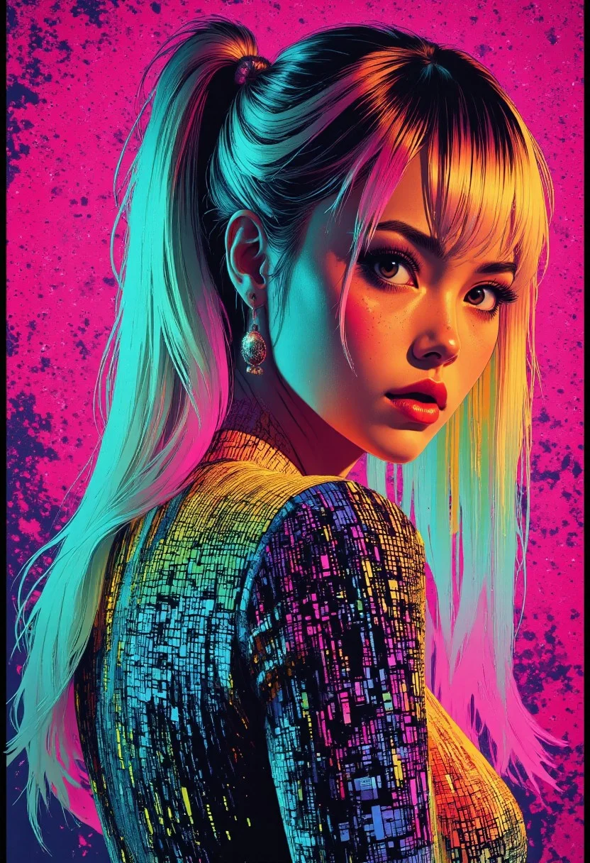 mad-glwnggltch, photorealistic glitch image, closeup side portrait of korean woman wearing short glowing blue glitched cocktail dress, cleavage, detached sleeves, long bleached hair, bangs, hair ornament, vibrant background