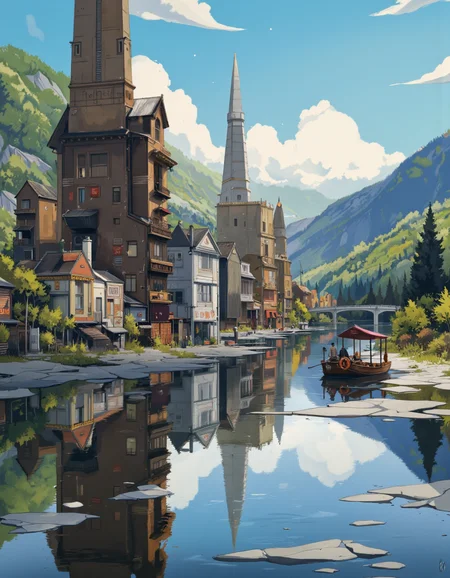 Art by Ismail Inceoglu. A digital illustration shoot from a far camera angle about a serene cityscape with a river and a small boat in the foreground. the scene is set against a backdrop of a mountainous landscape with a blue sky filled with fluffy white clouds. the river is calm and reflects the buildings and skyscrapers of the city, while the sky is a mix of blue and white hues. on the right side of the image, a small wooden boat with a red roof and a life preserver sits on the water's edge, with a few people standing on it. the cityscape is filled with tall, brown buildings, some of which have japanese signs on them, adding to the peaceful atmosphere. the water is still and reflective, creating a sense of calmness and tranquility.