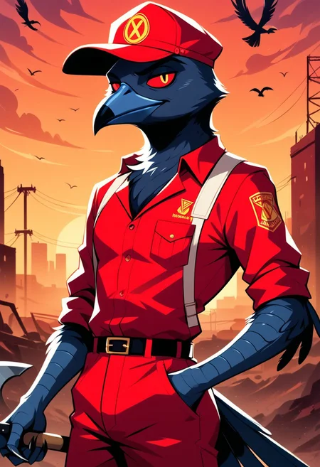 SCORE_9, SCORE_8_UP, HazbinStyle, cartoon character,
OverallDetail, Expressiveh, saturated colors (best quality:1.1), HCSV1, (masterpiece:1.2), saturated colors, (detailed:1.1), (high res, best quality:1.2),(ultra HD quality details), (dynamic angle),
SOURCE_FURRY, SOLO, 1 male, anthro bird male, anthro raven, anthro crow,
RED EYES, BLACK SCLERA, black Feathers, BLACK HAIR,
red Construction worker outfit, red construction site, holding Shovel,
Red sky, sunset,
HIGH RESOLUTION, VIVID TEXTURES, DETAILED PUPILS