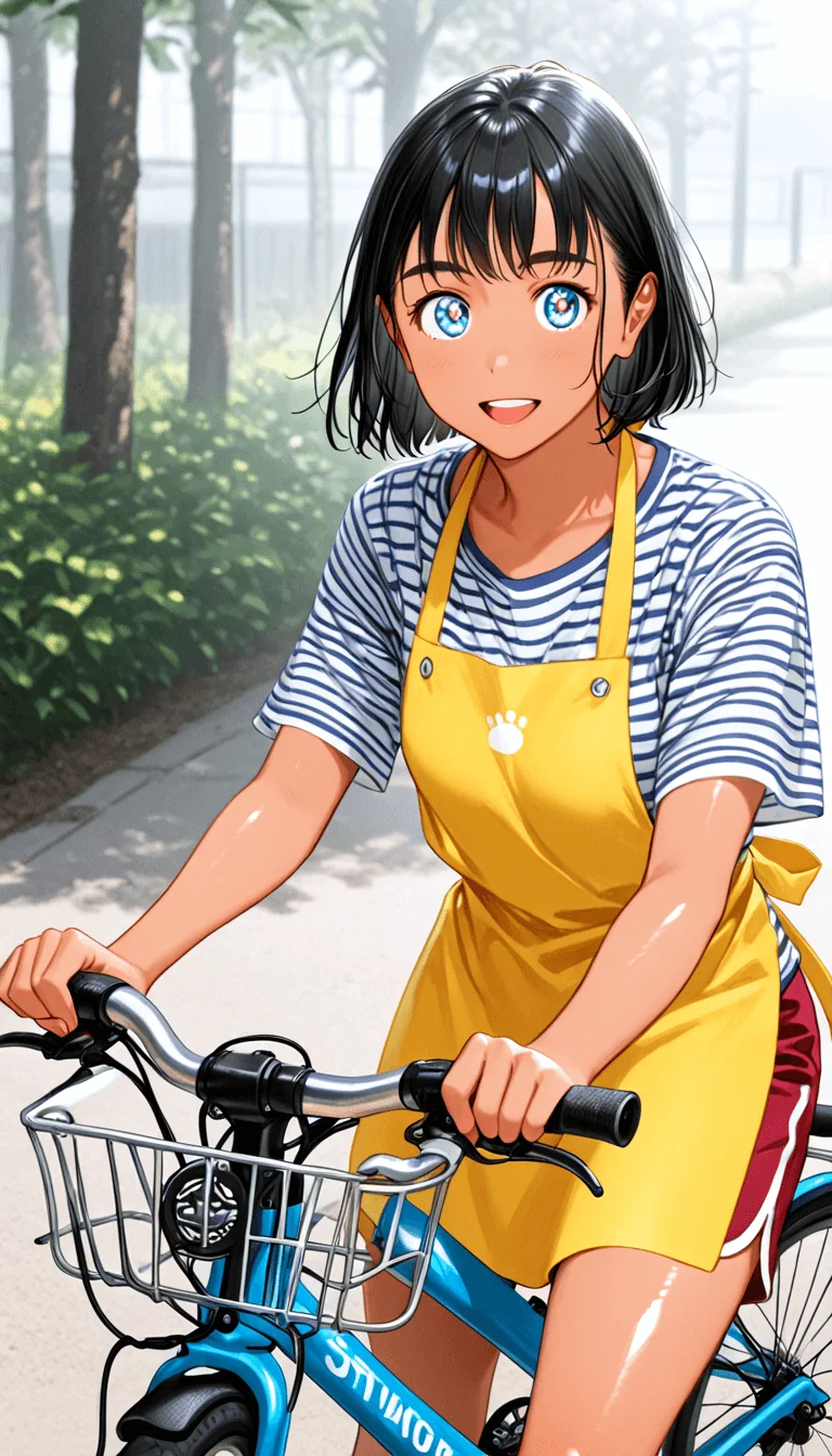 lazypos, masterpiece, best quality, amazing quality, very aesthetic, absurdres, newest, ((ultra detailed hair:1.4)), ((ultra detailed eyes:1.4)),
BREAK
1girl,solo, m1o_manga, black hair, sun-kissed skin, light blue eyes, Silk Hair,(((Beautiful shiny black hair))),
BREAK
bicycle, smile, ground vehicle, striped shirt, yellow apron, open mouth, red Shorts, ride bicycle
<lora:Mio_-_100percent_-_mangaSummer_Time_Rendering3-000012:0.8>