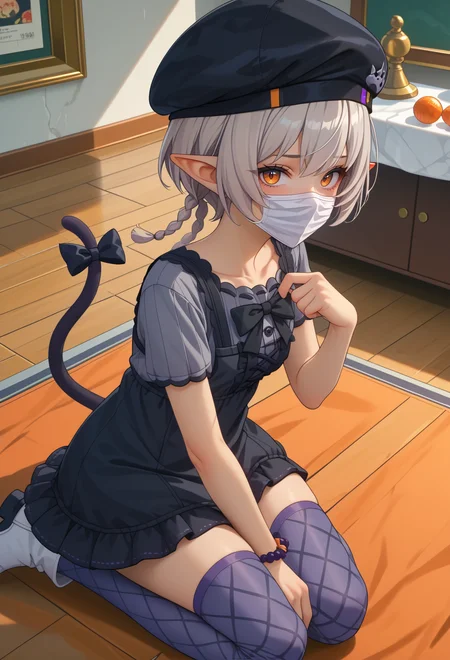 score_9, score_7_up, source_anime, BREAK <lora:AEArchie:0.8> AEArchie, orange eyes, brown eyes, grey hair, short hair, low twintails, twin brainds, pointy ears, animal ears, braid, cat tail, dark-skin, mole under eye, mouth mask, tail bow, black headwear, beret, black bow, grey shirt, short sleeves, black dress, short dress, center frills, bead bracelet, watch, argyle legwear, grey thighhighs, purple thighhighs, blue thighhighs, boots, cross-laced, white footwear, zettai tyoiki,
hand between legs, indoors, looking at viewer, from above, (mask pull:1.3), open mouth, saliva, tongue out, face_focus,