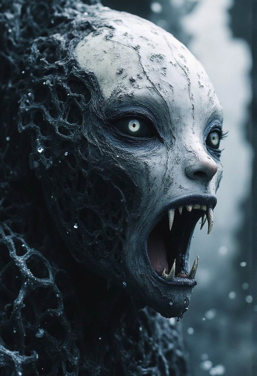 Studio Ghibli Dark Fairytale, Off-center composition, right-aligned dynamic composition, an other wordly white alien like monstrous creature, erotic female, black glossy fractal skin leather texture, deap sea, slimey, teeths, black eyes, cinematic film still  . shallow depth of field, vignette, highly detailed, high budget, bokeh, cinemascope, moody, epic, gorgeous, film grain, grainy, cyberpunk style, (glowing alien eyes), crazy eyes, weird creature, white sphere on the background