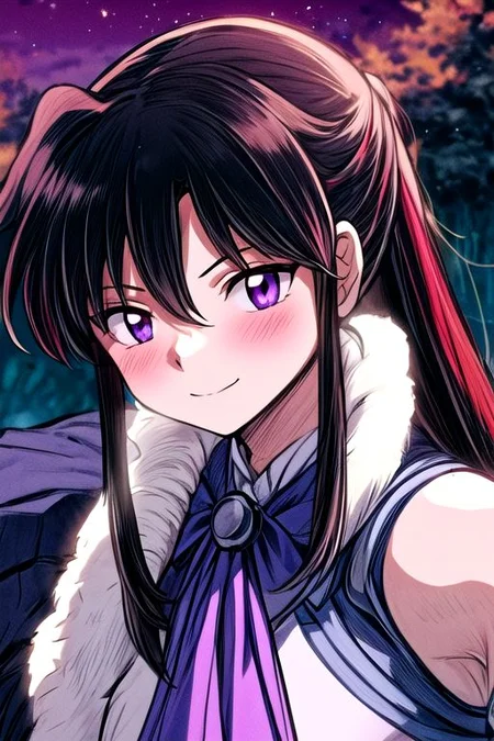 masterpiece, best quality 1girl Setsun4 solo long hair, (night time) forest background black hair very long hair purple eyes multicolored hair armor (fur trim) (medium body),<lora:EMS-179-EMS:0.800000>,<lora:EMS-293862-EMS:0.800000> bow, hair_bow, hair_tubes, red_bow, brown_hair, long_hair, bangs, ascot, frilled_bow, yellow_ascot, blush, smile, hair_between_eyes, athletic, armor
