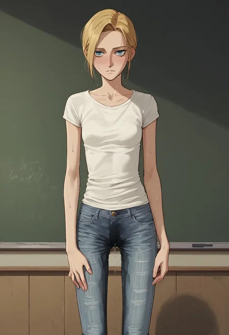 annie leonhart, wetting self, wet crotch, clothes, student, skinny jeans desperation, holding crotch, anime, score_9