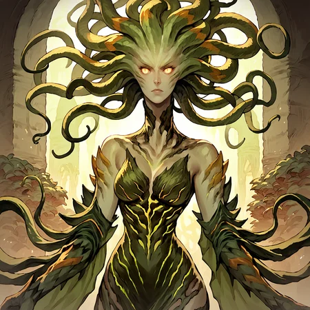 <lora:Vraska_Magic_the_Gathering:1> vraska, solo, 1girl, colored skin, monster girl, yellow eyes, green skin, glowing, plantdress, breasts, snake hair <lora:Final_Fantasy_Tactics_-_Pony:1>, source_anime, score_9_up, score_7_up, score_8_up