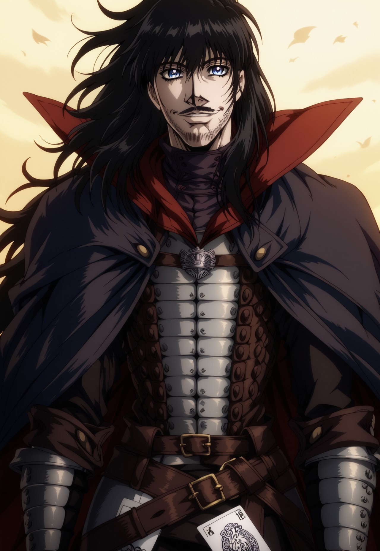 safe_pos, score_9, score_8_up, score_7_up, masterpiece, best quality, Vladcard, solo, 1boy, black hair, long hair, blue eyes, facial hair, mustache, two-tone cloak, black cape, full armor, breastplate, gauntlets, multiple belts, faulds, smile, looking at viewer, portrait, dawn, muscular, close-up, hellsing_ultimate_style