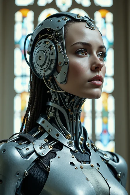 shoulder-up portrait of a mechanized woman with real human eyes and full lips, the rest of her head encased in smooth silver plating with finely etched geometric patterns, carbon fiber tubing wraps her shoulders like ceremonial robes, gold hex bolts and exposed servo joints frame her collarbone, mechanical halo arcs behind her head, synthetic dreadlocks made of braided wire cascade to one side, background is a minimalist cathedral interior with stained glass made of fiber-optic mesh glowing faint blue, photorealistic with strong contrast and metallic texture fidelity
mg-mk.1