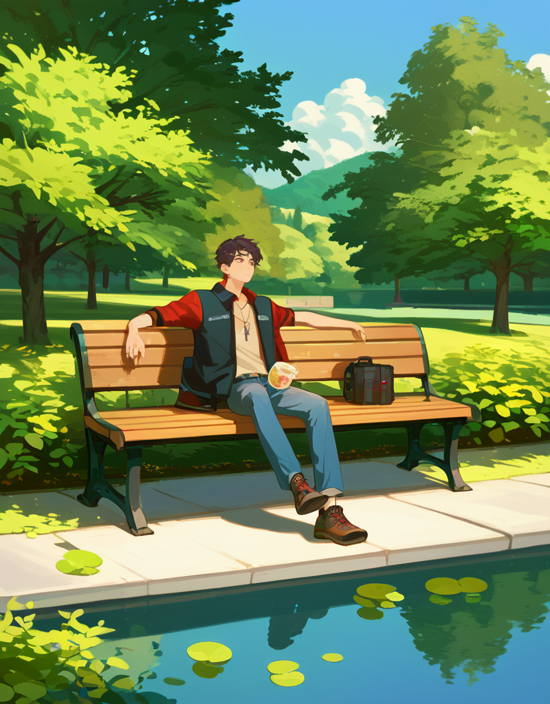 zPDXL2, <lora:KukkaV1:1>, kukk4, 1girl, 1boy, sitting on a bench in a park, lake in the background, dark