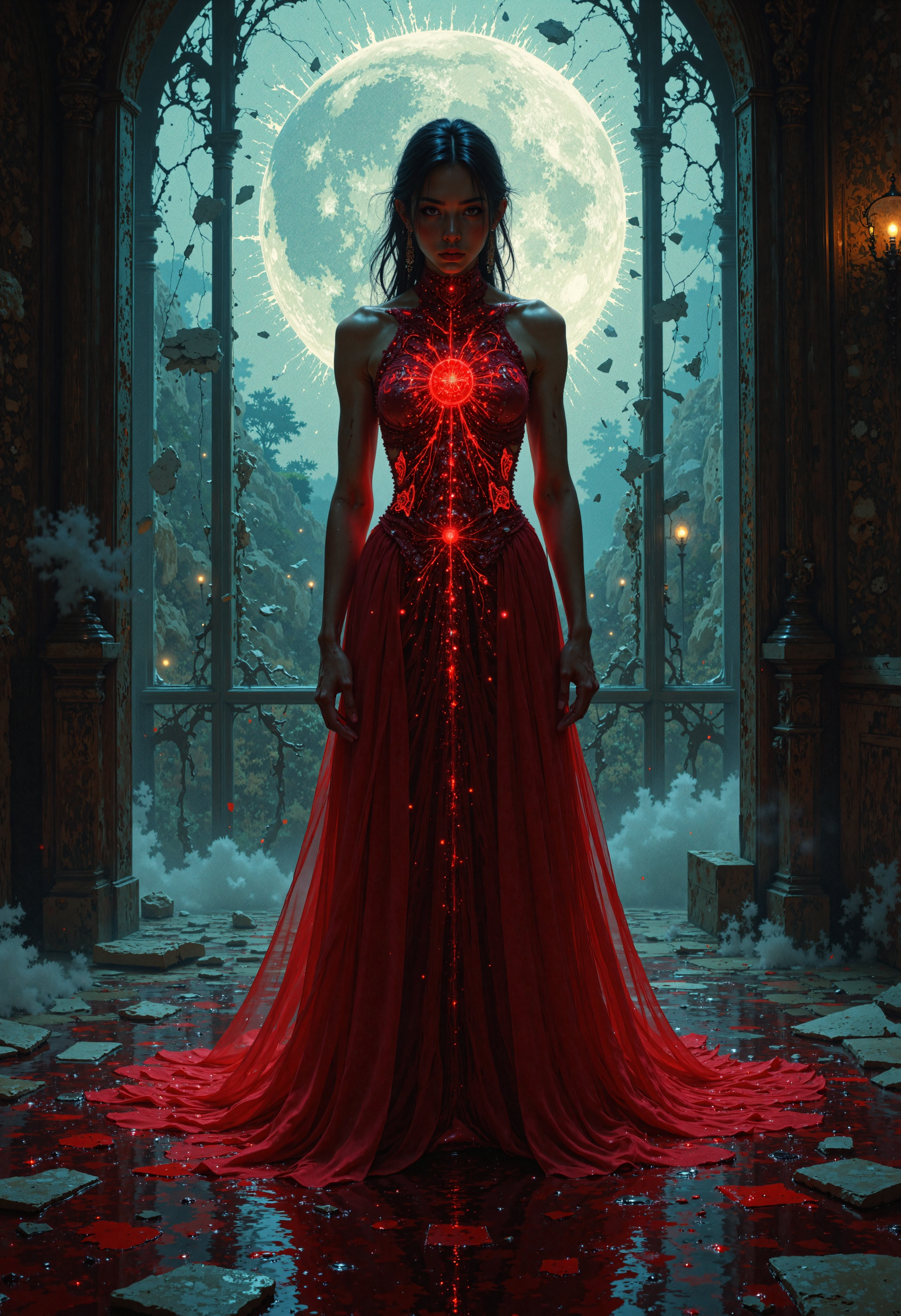 masterpiece, high-quality, A radiant vampiress stands in the glow of a shattered moon, her crimson gown flowing like liquid silk around her legs, the delicate fabric barely concealing her form beneath. Her hands rest delicately on her chest, pressing inward to accentuate her curves, as faint trails of glowing energy ripple along her pale skin. The camera captures her from a medium-high angle, focusing on the sharp glint of her fangs and her piercing red eyes, which radiate confidence and desire. Around her, shattered glass reflects faint fragments of moonlight, casting intricate patterns onto the gothic architecture behind her, amplifying the hyperdetailed sensuality of the scene, <lora:FLUX\FantasticalRealismV2:1.0>
