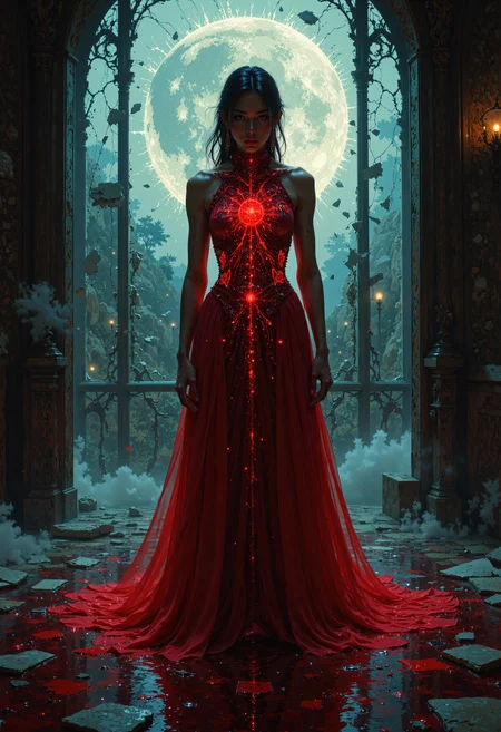 masterpiece, high-quality, A radiant vampiress stands in the glow of a shattered moon, her crimson gown flowing like liquid silk around her legs, the delicate fabric barely concealing her form beneath. Her hands rest delicately on her chest, pressing inward to accentuate her curves, as faint trails of glowing energy ripple along her pale skin. The camera captures her from a medium-high angle, focusing on the sharp glint of her fangs and her piercing red eyes, which radiate confidence and desire. Around her, shattered glass reflects faint fragments of moonlight, casting intricate patterns onto the gothic architecture behind her, amplifying the hyperdetailed sensuality of the scene, <lora:FLUX\FantasticalRealismV2:1.0>