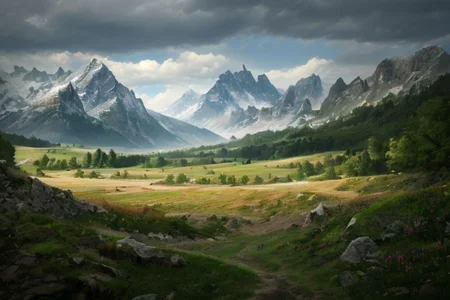 a photorealistic landscape with very close high mountains across the horizon, with lots of fields, woods and meadows stretching out before them and with a fortified town inside of them, ultra realistic, highly detailed, RAW photo, (masterpiece:1.3), subsurface scattering, heavy shadow, professional photography