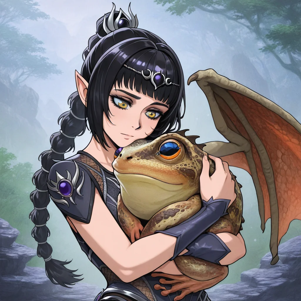 masterpiece, best quality, newest, absurdres, highres, anime, anime style, 1girl, shadowheart \(baldur's gate\), long braid, elf, pointy ears, black hair, braid, side bangs, holding, holding animal, hug, hugging anima, hugging pet, BREAK Droad-V1.0, dragon, toad, frog, animal, pet, wings, scales, cure,