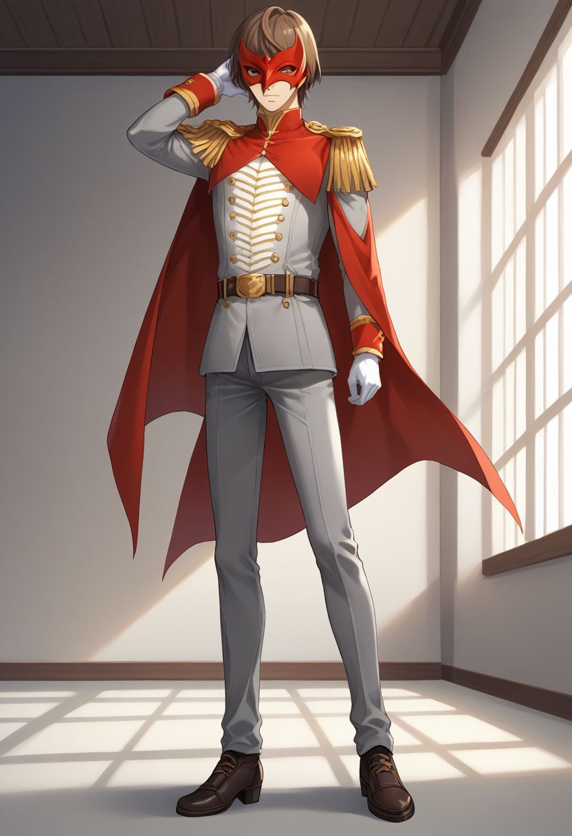 score_9, score_8_up, source_anime, highly detailed, 1boy, solo, male_focus, slender, skinny, 
goro, 1boy, male focus, solo, gloves, brown hair, mask, epaulettes, white gloves,
cape, full body, belt, uniform, pants, grey pants,
inside, stand,