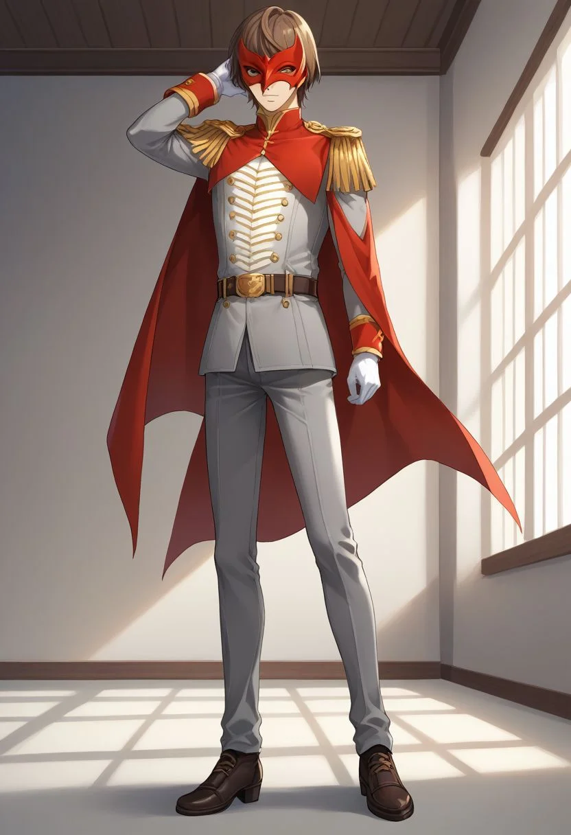 score_9, score_8_up, source_anime, highly detailed, 1boy, solo, male_focus, slender, skinny,
goro, 1boy, male focus, solo, gloves, brown hair, mask, epaulettes, white gloves,
cape, full body, belt, uniform, pants, grey pants,
inside, stand,