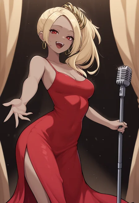 masterpiece, best quality, solo, 1girl, k4tjazz, dark-skinned female, :d, teeth, looking at viewer, holding microphone stand, outstretched arm, long hair, blonde hair, side ponytail, hair ornament, red eyes, long dress, red dress, sleeveless dress, spaghetti strap, side slit, hoop earrings, bare shoulders, cleavage, medium breasts, stage, spotlight, curtains
<segment:yolo-Anzhc Face seg 640 v2 y8n.pt,0.4,0.5//cid=1>