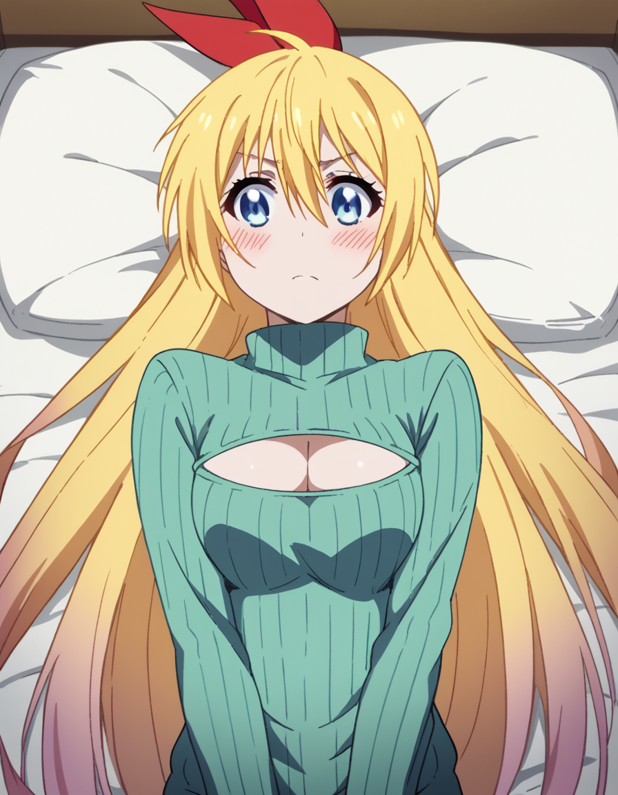 score_9, score_8_up, score_7_up, source_anime, <lora:chitoge-kirisaki-s2-ponyxl-lora-nochekaiser:1>, chitoge kirisaki, long hair, blue eyes, blonde hair, ribbon, hair between eyes, very long hair, hair ribbon, multicolored hair, red ribbon, gradient hair, medium breasts,, <lora:open-chest-sweater-ponyxl-lora-nochekaiser:1>, open-chest sweater, ribbed sweater, cleavage cutout, meme attire, clothing cutout, turtleneck, sweater dress, cleavage, clothes tug, sweater pull, cleavage reach,, indoors, bed, bed room, blush, on bed, on back, , cowboy shot, dutch angle