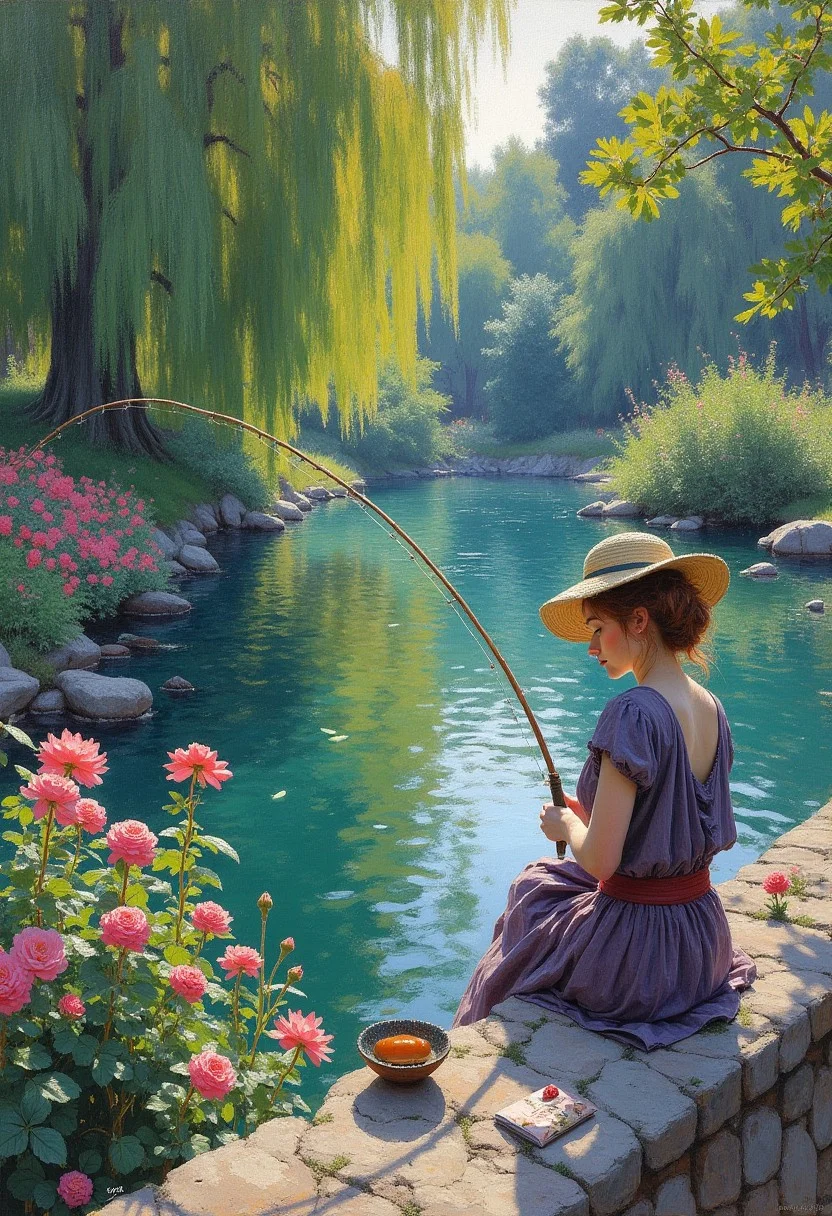 m0d3rn1mpr a woman sitting on the bridgefence in Monet's searose garden fishing with a fishing rod
<lora:modern-impressionist:0.8>
