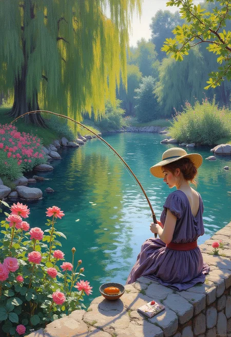 m0d3rn1mpr a woman sitting on the bridgefence in Monet's searose garden fishing with a fishing rod
<lora:modern-impressionist:0.8>