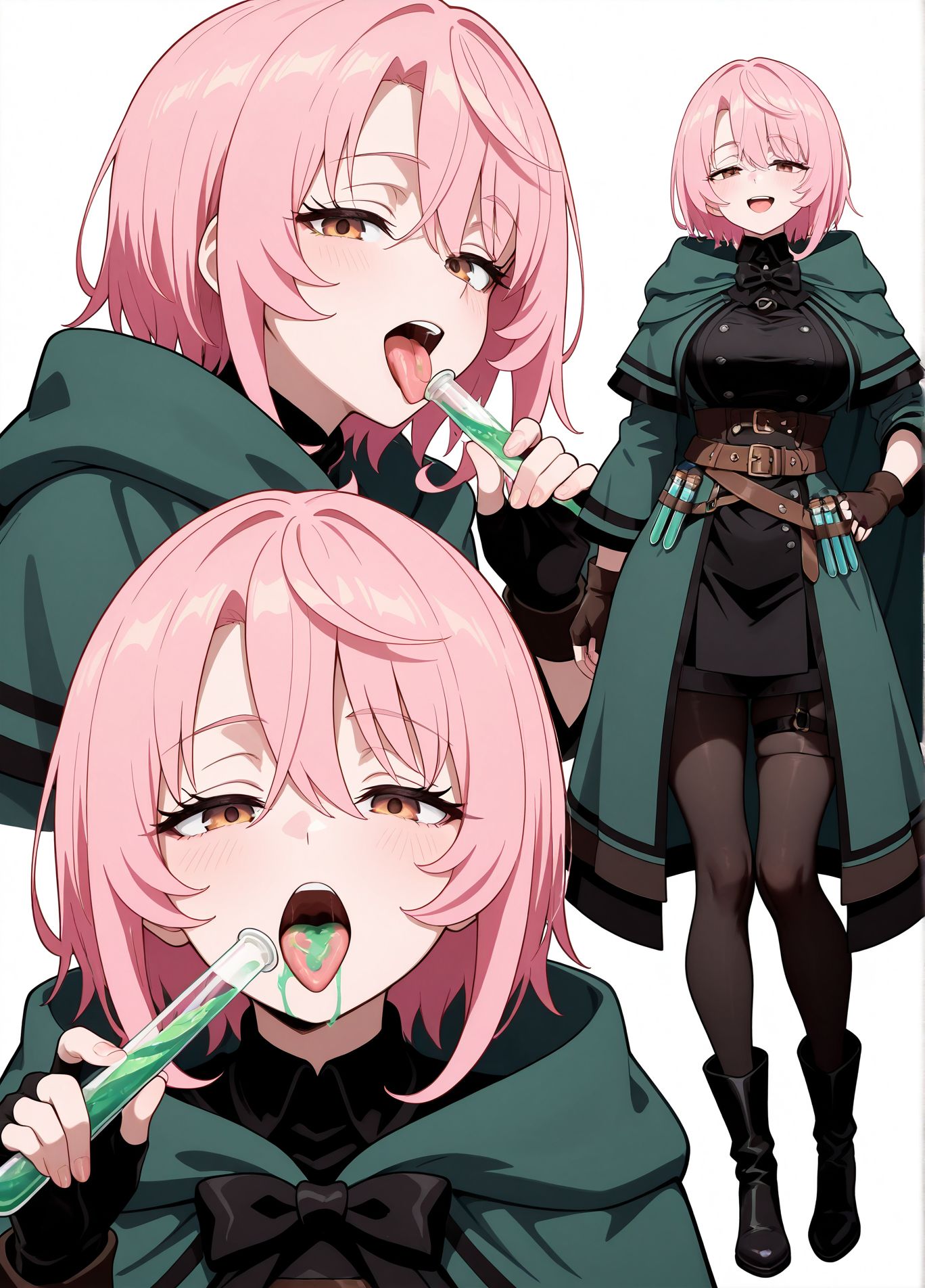 masterpiece,best quality,amazing quality,very aesthetic,absurdres,newest, huge filesize,
<lora:spo_sdxl_10ep_4k-data_lora_webui:0.5>,
1girl,holding test tube with green liquid,  multiple views, 
tongue out,  licking   liquid,half-closed eyes, Pour the test tube liquid into your mouth,
drinking  green liquid,face shot,lewd, open mouth, looking at viewer, 
close up,
pink hair,
short hair,green cloak,
fingerless gloves, 
bow at the neck,
black outfit,leather belt,
pouches,short black boots,
standing pose,confident expression,
medieval-inspired design, black pantyhose, 
fantasy attire,
<lora:Let_This_Grieving_Soul_Retire_Sitri_SMART_IL:1>