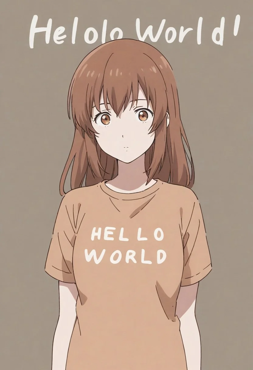 juliet fiammata in a t-shirt with text:"Hello World!"<lora:text:1>, brown hair, brown eyes