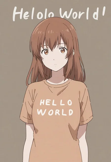 juliet fiammata in a t-shirt with text:"Hello World!"<lora:text:1>, brown hair, brown eyes
