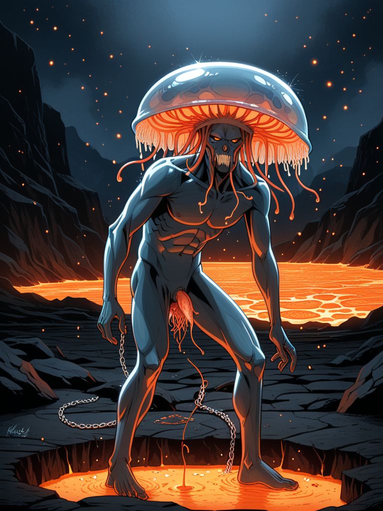 A dark fantasy sci-fi alien painting depicting a bulbous headed organism creature alien whose (orifices (spill out:0.8) arms legs body new lava particles on chains), H. R. Giger, Dave McKean, BeksiÅski and Joel Peter-Witkin, polished chrome, inhaling light, jellyfish, plumes of bitcrushed dithering, smoke that rock to crack your glass brain, sexual, humaniod