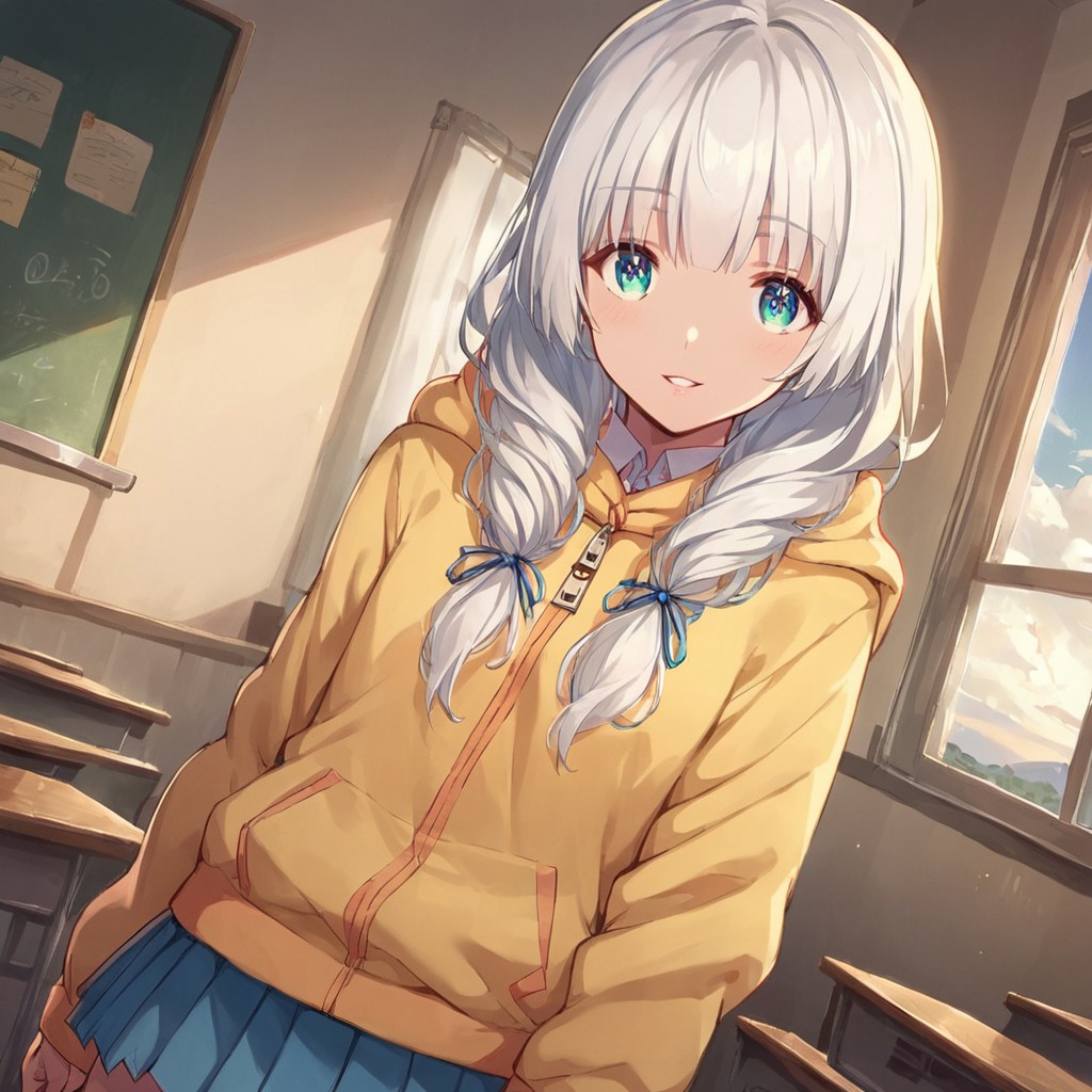 score_9, score_8_up, score_7_up, source_anime,otori, white hair, long hair, hair over shoulder, aqua eyes, hair ribbon, hoodie, pleated skirt, classroom, window, clear sky, clouds, smile, parted lips, looking at viewer, cowboy shot, dutch angle, solo, night,