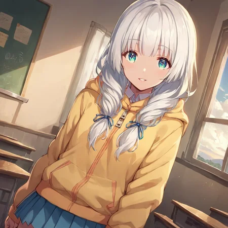 score_9, score_8_up, score_7_up, source_anime,otori, white hair, long hair, hair over shoulder, aqua eyes, hair ribbon, hoodie, pleated skirt, classroom, window, clear sky, clouds, smile, parted lips, looking at viewer, cowboy shot, dutch angle, solo, night,