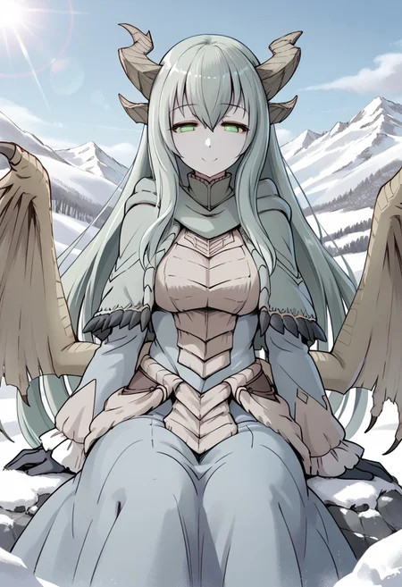 masterpiece,best quality,score_9, score_8_up, score_7_up, score_6_up,source_anime,<lora:PAARTHURNAX:0.9>, PAARTHURNAX,(gentle smile,half closed eyes,looking at viewer),(dragon horns, broken horn, dragon girl, dragon wings, very long hair, green hair, hair between eyes, green eyes,big breasts, 
capelet, dress),(upper body,from below,close to viewer),(sitting on rock),(deep shadows),(clear blue sky without a cloud in the sky,blue sky,clear sky,snow mountain,snow field,lens flare,snow on rock,light blue theme,cool lighting)