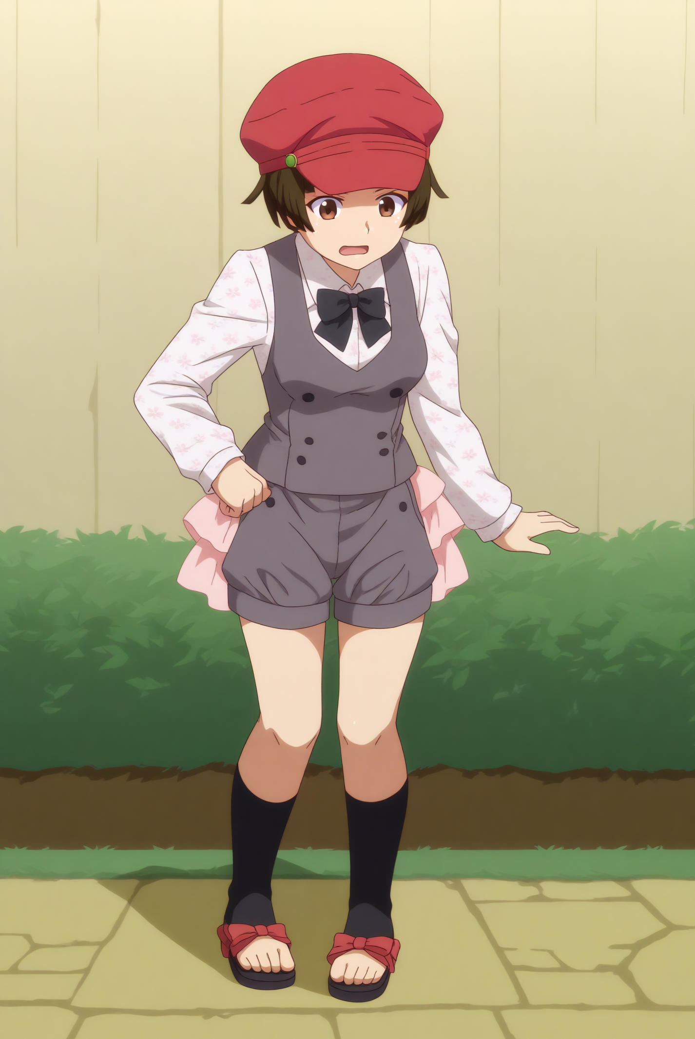 Imanadeko, cabbie hat, white shirt, black bowtie, sandals, vest <lora:Monogatari-ImaNadeko-PDXL:0.8>