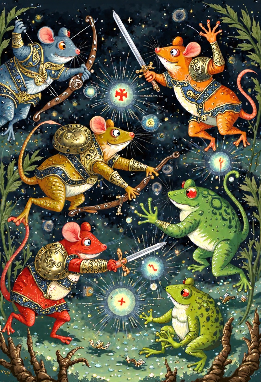 Clip L palech_styleIllustrate a fantastical battle scene between mice and frogs. The mice should be robust, armored fighters wielding bows and swords, while the frogs should be smaller and less well-armed, relying on magic and trickery to defeat their larger opponents. The setting could be a swampy battlefield under a murky sky, with vines and branches littering the ground. Show detailed animations of the mice's intricate armor designs and the frogs' magical spells, like flickering lights and floating objects. Use a muted color palette for the frogs and a brighter, more vibrant one for the mice to create contrast and excitement. The overall effect should be a whimsical yet tense clash of species, showcasing the ingenuity of both sides in the face of adversity. Illustration in the palech styleT5XXLpalech_styleIllustrate a fantastical battle scene between mice and frogs. The mice should be robust, armored fighters wielding bows and swords, while the frogs should be smaller and less well-armed, relying on magic and trickery to defeat their larger opponents. The setting could be a swampy battlefield under a murky sky, with vines and branches littering the ground. Show detailed animations of the mice's intricate armor designs and the frogs' magical spells, like flickering lights and floating objects. Use a muted color palette for the frogs and a brighter, more vibrant one for the mice to create contrast and excitement. The overall effect should be a whimsical yet tense clash of species, showcasing the ingenuity of both sides in the face of adversity. Illustration in the palech style