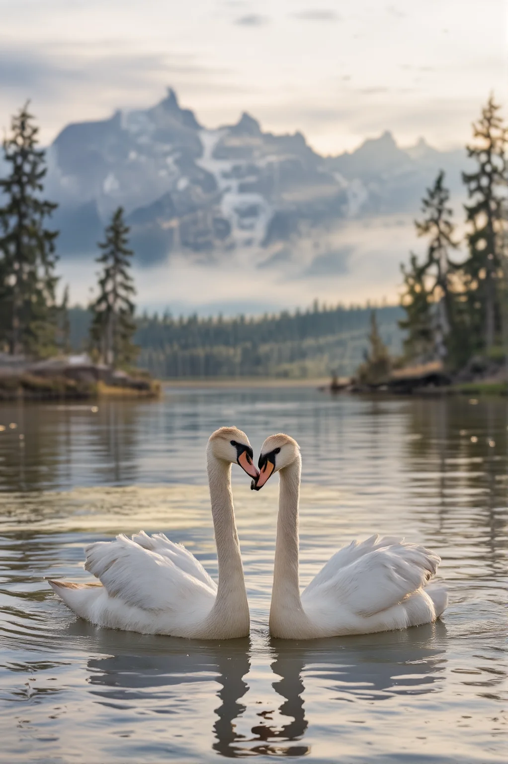 At the edge of a misty mountain lake, where jagged peaks pierce the heavens, two swans glide in perfect harmony, their elegant necks arching together to form a heart shape. A soft golden mist rises from the waterâs surface, wrapping them in an ethereal romantic glow. The sublime natural beauty of the moment is heightened by the first light of dawn, casting warm hues across their delicate feathers. In the crisp morning air, they remain inseparable, floating in a world untouched by time.
<lora:ethereal-romantic-glow-flux:1> <lora:paws-and-hearts-flux:1>