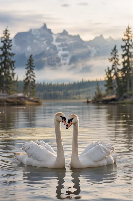At the edge of a misty mountain lake, where jagged peaks pierce the heavens, two swans glide in perfect harmony, their elegant necks arching together to form a heart shape. A soft golden mist rises from the waterâs surface, wrapping them in an ethereal romantic glow. The sublime natural beauty of the moment is heightened by the first light of dawn, casting warm hues across their delicate feathers. In the crisp morning air, they remain inseparable, floating in a world untouched by time.
<lora:ethereal-romantic-glow-flux:1> <lora:paws-and-hearts-flux:1>