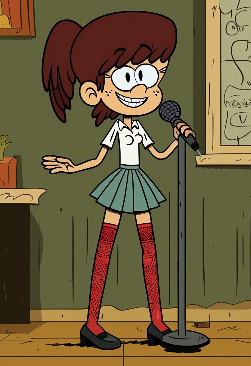 ((The Loud House Style)), Standing before the blackboard, the new teacher at school commands attention. Her attire, a crisp unbuttoned satin blouse paired with a pleated skirt, is accented by the subtle allure of (laced stockings), adding a touch of fragile femininity to her slender authoritative presence in the classroom. She is revealing her perky protuberant femininity, exposing long narrow calves, (narrow waist), and her gently protuberant skinny curves with fragile, yet authoritative and distinguished femininity.