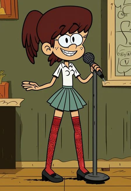 ((The Loud House Style)), Standing before the blackboard, the new teacher at school commands attention. Her attire, a crisp unbuttoned satin blouse paired with a pleated skirt, is accented by the subtle allure of (laced stockings), adding a touch of fragile femininity to her slender authoritative presence in the classroom. She is revealing her perky protuberant femininity, exposing long narrow calves, (narrow waist), and her gently protuberant skinny curves with fragile, yet authoritative and distinguished femininity.