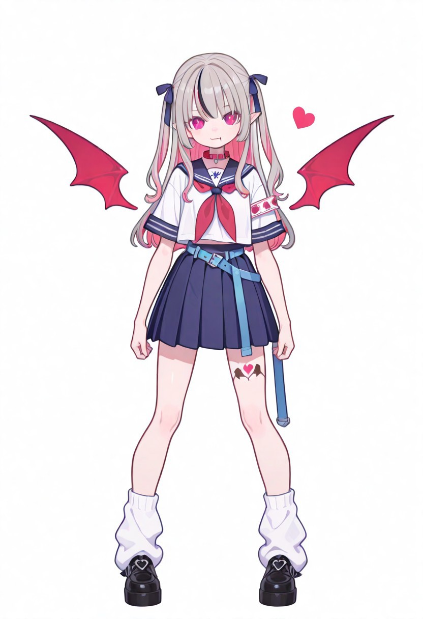 Flatline, Flat vector illustration, looking at viewer, full_body, 
niji-ririmu,flat chest,red eyes,long eyelashes,grey hair,streaked hair,multicolored hair,pink inner hair,pointy ears,fang,heart tattoo,tattoo around thigh,long hair,two side up,black hair ribbon,saggy hair ribbon,red wings,demon wings, 
niji-ririmucos1,serafuku,white shirt,short sleeves shirt,red neckerchief,midriff,blue belt,loose belt,blue skirt,miniskirt,pleats skirt,white socks,loose socks,red choker,red collar,
slim, slender, fair skin, clear skin, beauty skin, smooth skin, shiny skin, beautiful legs, long legs, 
from front, front view, straight-on, look at viewer, standing, (legs apart:1.4), 
white background,