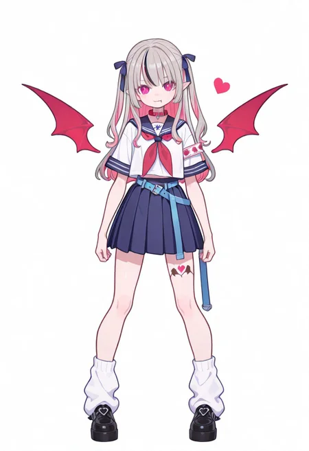 Flatline, Flat vector illustration, looking at viewer, full_body,
niji-ririmu,flat chest,red eyes,long eyelashes,grey hair,streaked hair,multicolored hair,pink inner hair,pointy ears,fang,heart tattoo,tattoo around thigh,long hair,two side up,black hair ribbon,saggy hair ribbon,red wings,demon wings,
niji-ririmucos1,serafuku,white shirt,short sleeves shirt,red neckerchief,midriff,blue belt,loose belt,blue skirt,miniskirt,pleats skirt,white socks,loose socks,red choker,red collar,
slim, slender, fair skin, clear skin, beauty skin, smooth skin, shiny skin, beautiful legs, long legs,
from front, front view, straight-on, look at viewer, standing, (legs apart:1.4),
white background,