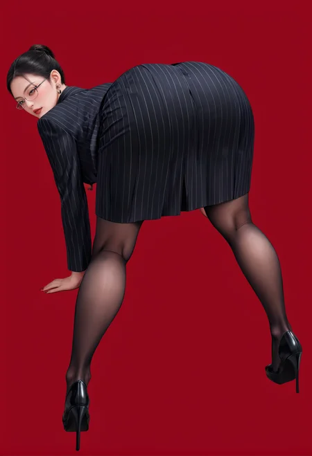 1girl,solo,red background,,ruanyi0856,striped jacket,choker,black pantyhose,striped skirt,glasses,black skirt,pinstripe pattern,high heels,
cowboy shot,from behind,bent over,huge ass,all fours,full body,<lora:0856 OL professional suit skirt 1_v1_pony:0.9>, score_9,score_8_up,score_7_up,,8k,1girl,solo,,